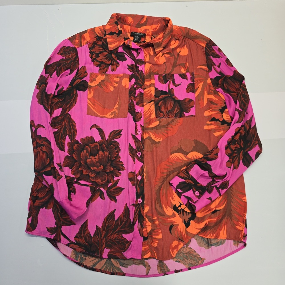 Rachel Zoe Womens XL Floral Colorblock Button Down Shirt Pink Orange Long Sleeve